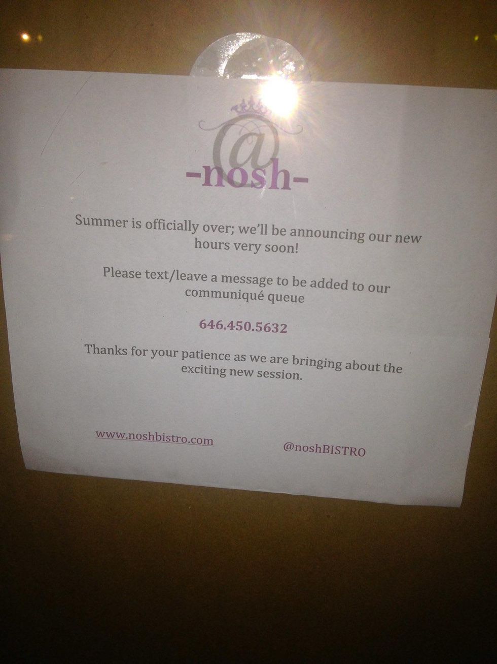 Nosh Bistro closing? September 2013 sign