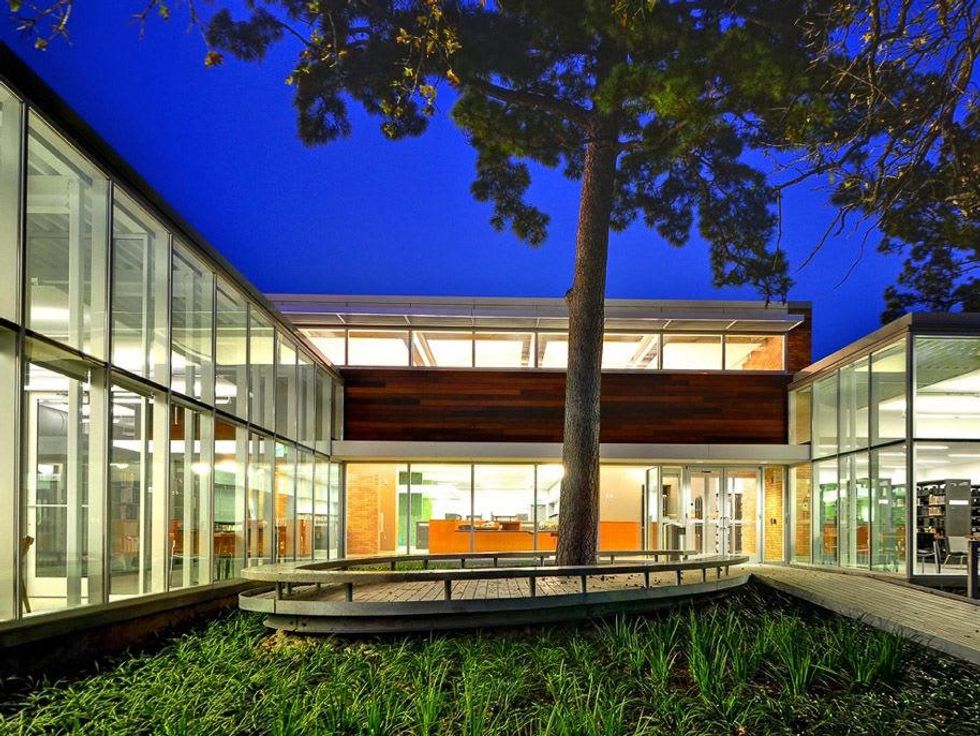 Oak Forest Library Houston courtyard at night