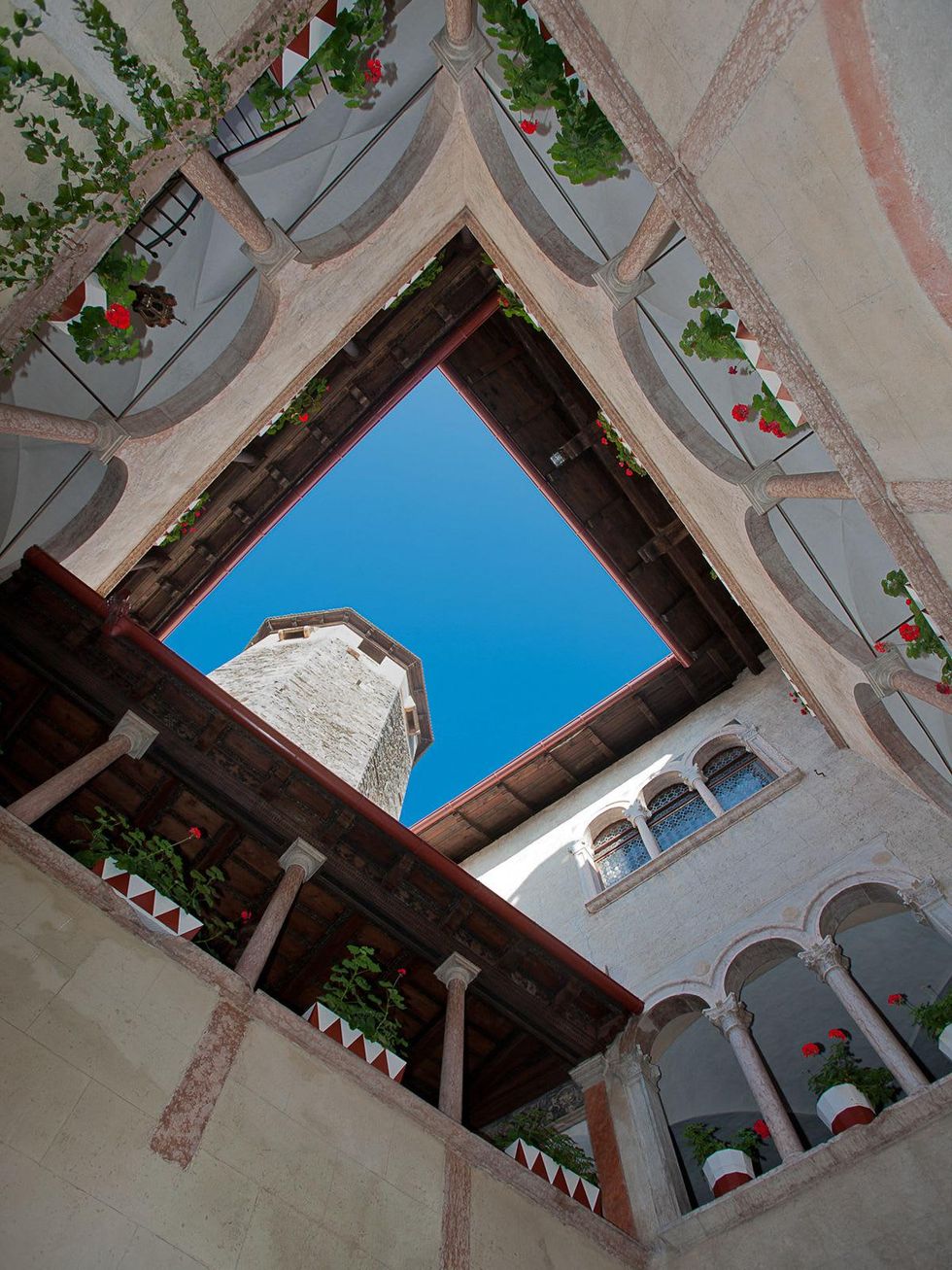 On the Market Castel Valer in northern Italy near Milan May 2014 tower view