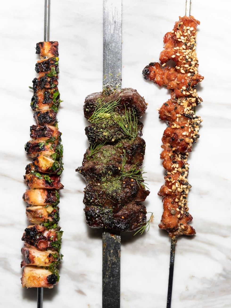 One Fifth Mediterranean Octopus; Flat iron with carob molasses; Lamb sweetbreads with date molasses and peanut dukkah