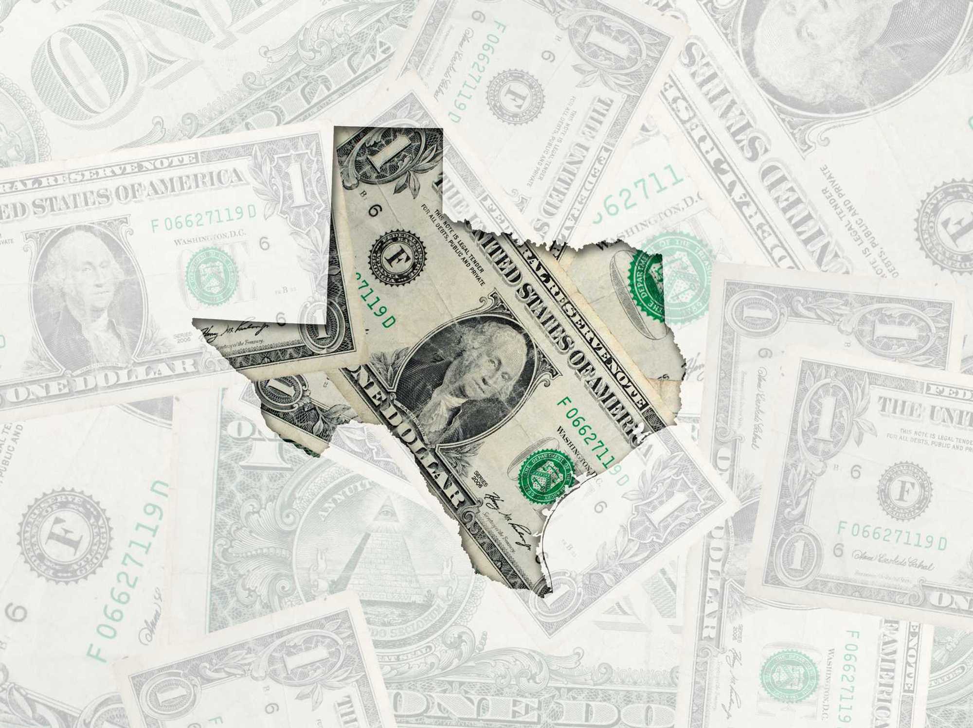 Outline map of texas with transparent american dollar banknotes