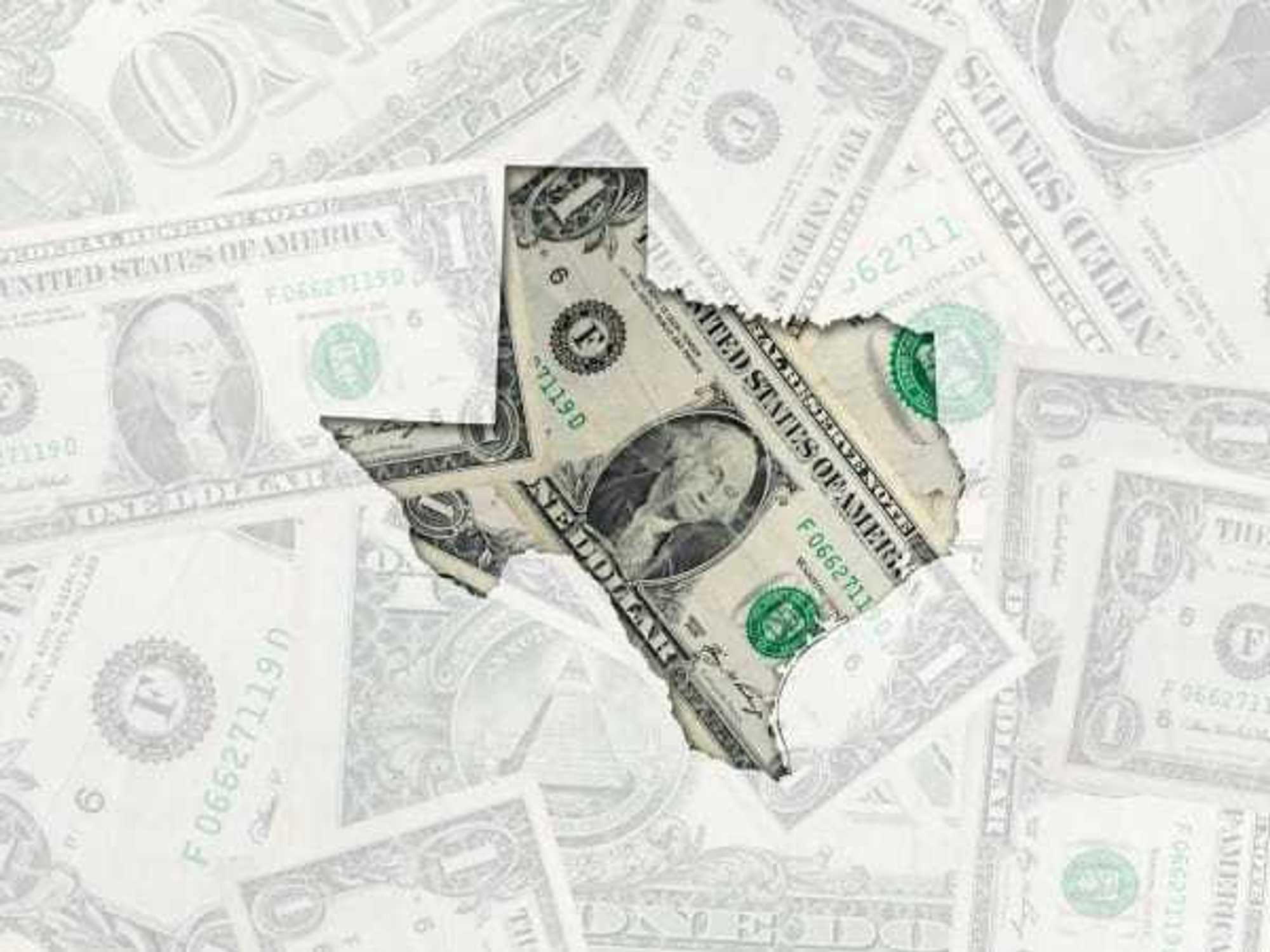 Outline map of texas with transparent american dollar banknotes