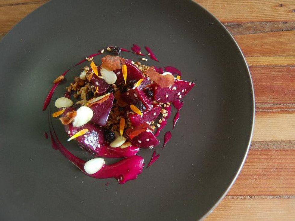 Oxheart, beets from Emile Street Garden with savory granola, wheatberries and bitter almond