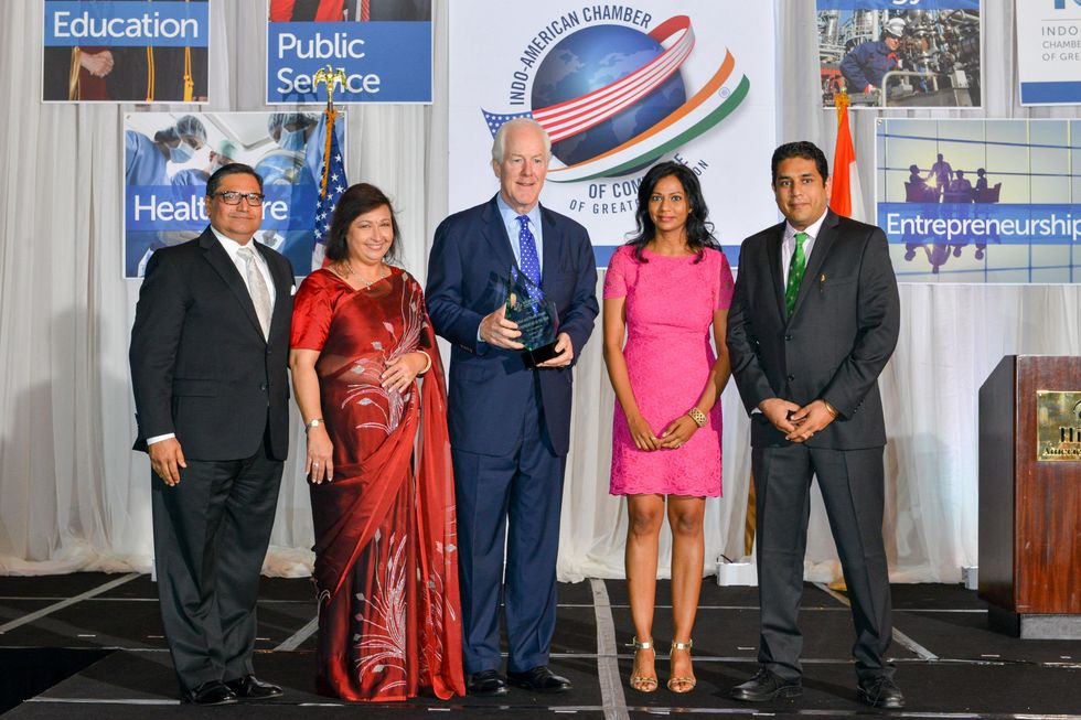 Pallavi and Pinakin Dinesh, from left, John Cornyn and Preeti and Umesh Verma at the IACCGH Gala October 2014