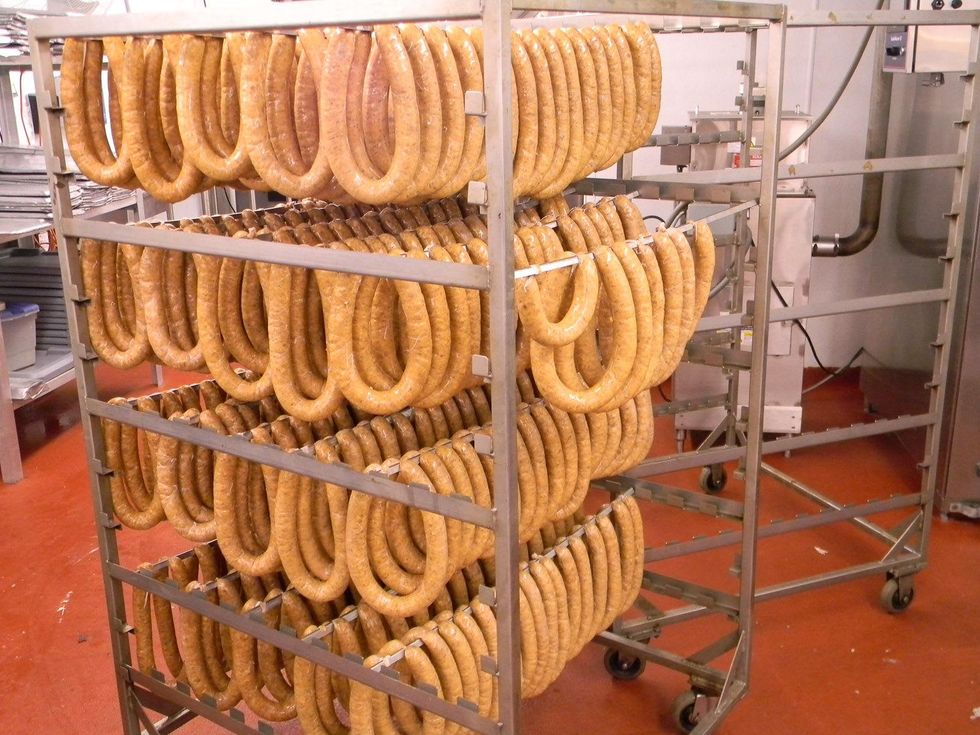 Paul Galvani meat markets August 2013 300 pounds of homemade sausage about to go into the smoker for a few hours at Bud\u2019s