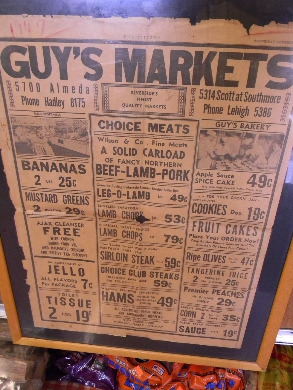 Paul Galvani meat markets August 2013 An original newspaper ad from 1947 on display at Guy\u2019s with prices like $.59 per pound for sirloin steak of $.49 per pound for leg of lamb!