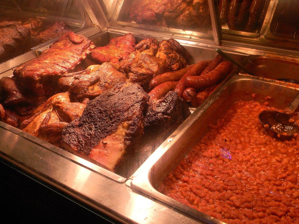 Paul Galvani meat markets August 2013 BBQ brisket, sausage and chicken at the steam table at Guy\u2019s