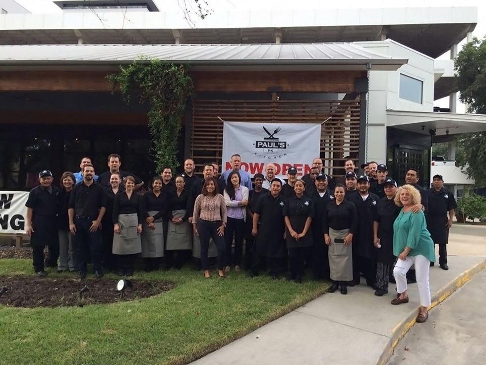 Paul's Kitchen with staff in front and now open sign October 2014