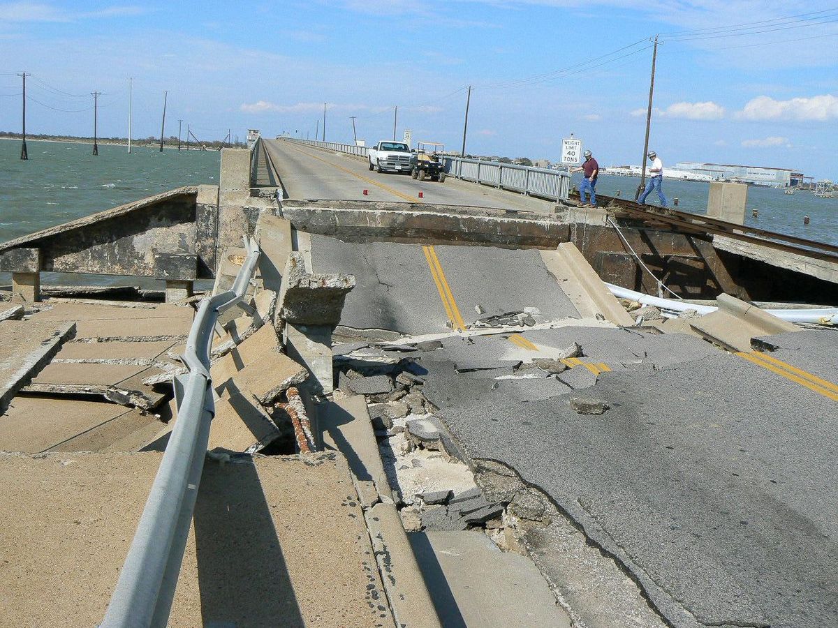 Pelican Island viaduct in 2008 after Hurricane Ike. - CultureMap Houston