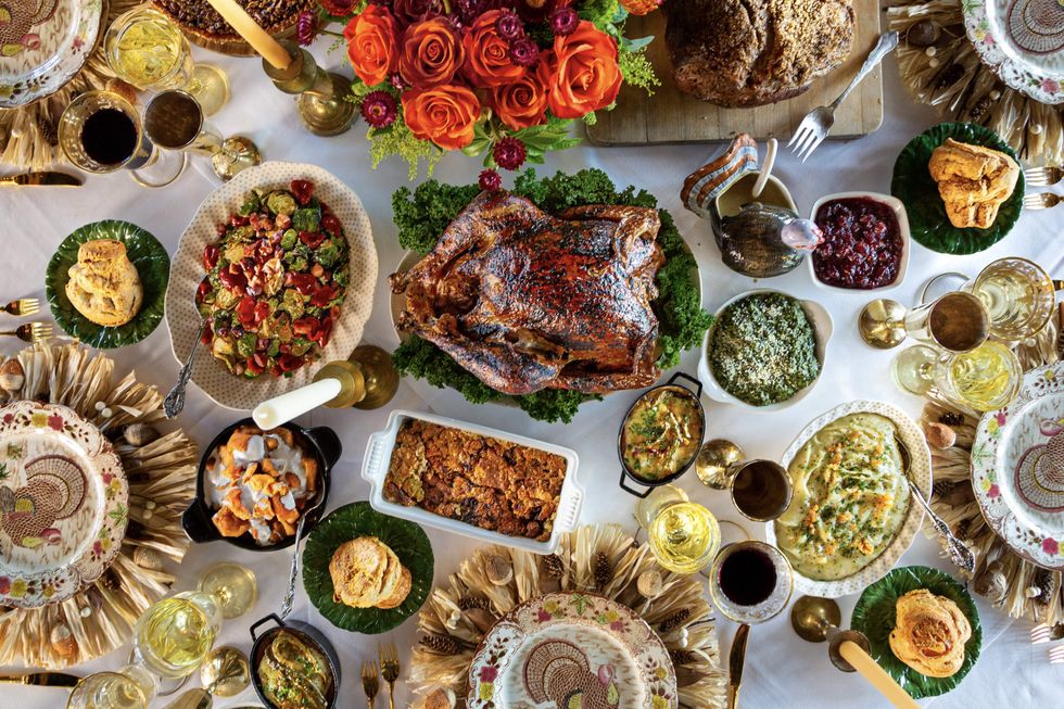 Picture of turkey and multiple side dishes