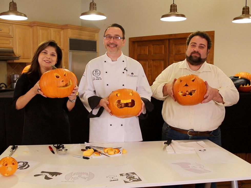 pumpkin carving video October 2013 Marcy de Luna, man and Eric Sandler