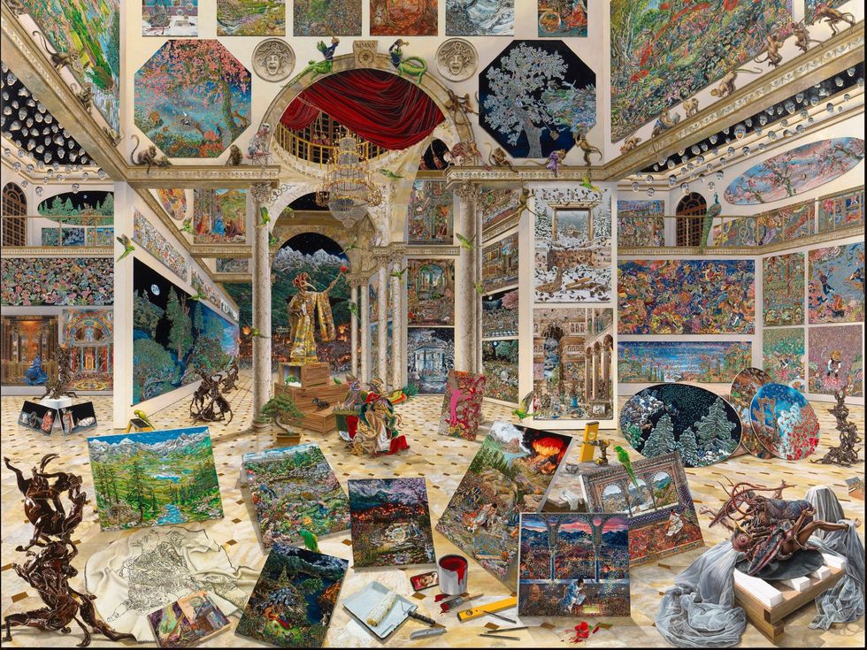 Raqib Shaw, The Retrospective 2002\u201322, 2015\u201322, acrylic liner, enamel, and rhinestones on aluminum, private collection, London. \u00a9 Raqib Shaw / Photo \u00a9 White Cube (Todd-White Art Photography)