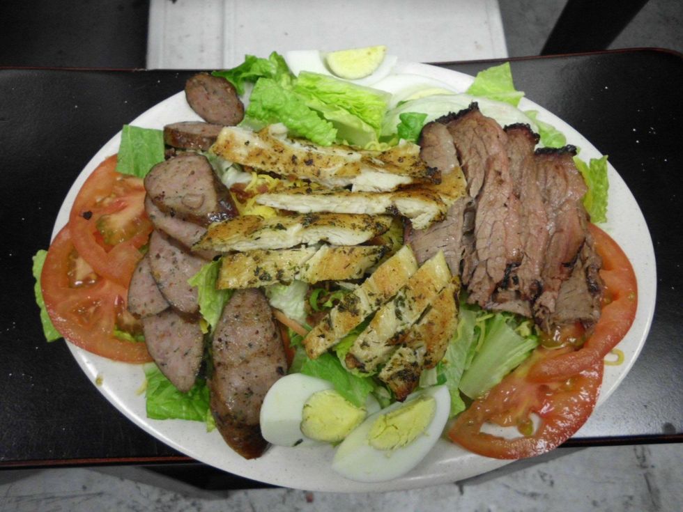 Ray's Real Pit BBQ Shack Chef salad with brisket, sausage, barbecue