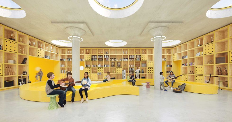 Render of FLAMA space that has kids playing musical instruments and has cubby holes for storage