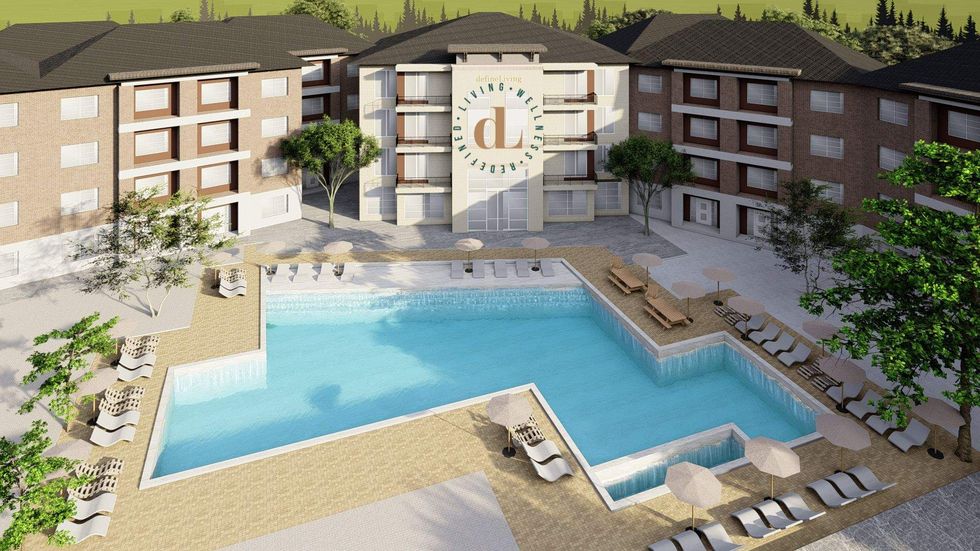 Rendering of Define Living: Park Row, showing a pool and loungers flanked by apartments