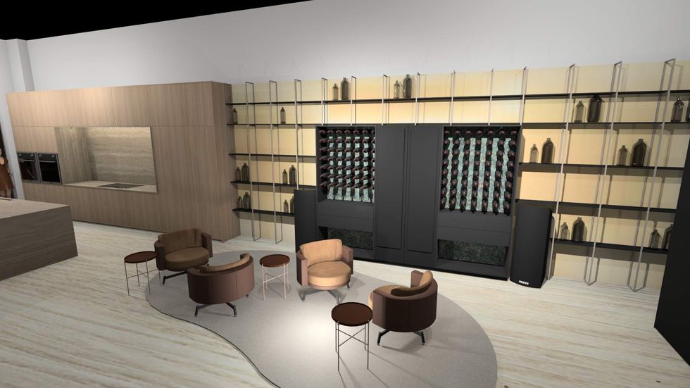 Rendering of Marel Design Mobili's concept for a wine room with seating area and storage