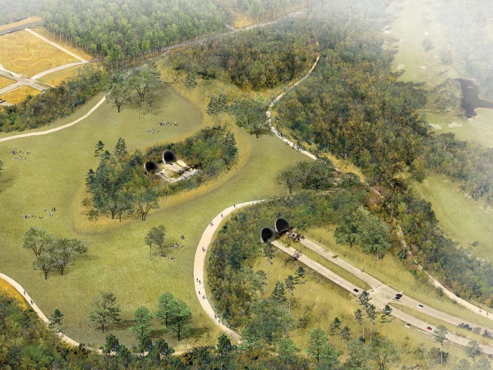 Rendering of proposed Land Bridge at Memorial Park (aerial view); Rendering courtesy of Nelson Byrd Woltz September 2014