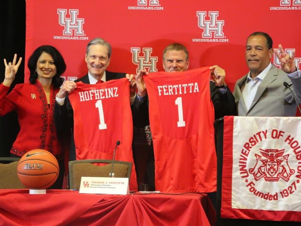 Renu Khator, Fred Hofheinz, Tilman Feritta, Kevin Sampson at press conference to rename Hofheinz Pavilion to Feritta Center