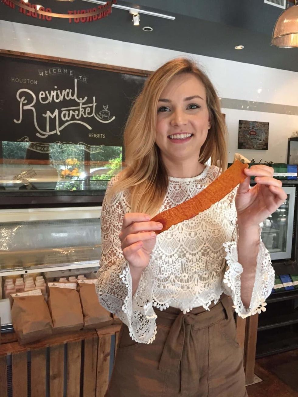 Revival Market baker Valeria Trasatti showcases the "Fruit Leather Jacket." CultureMap Houston