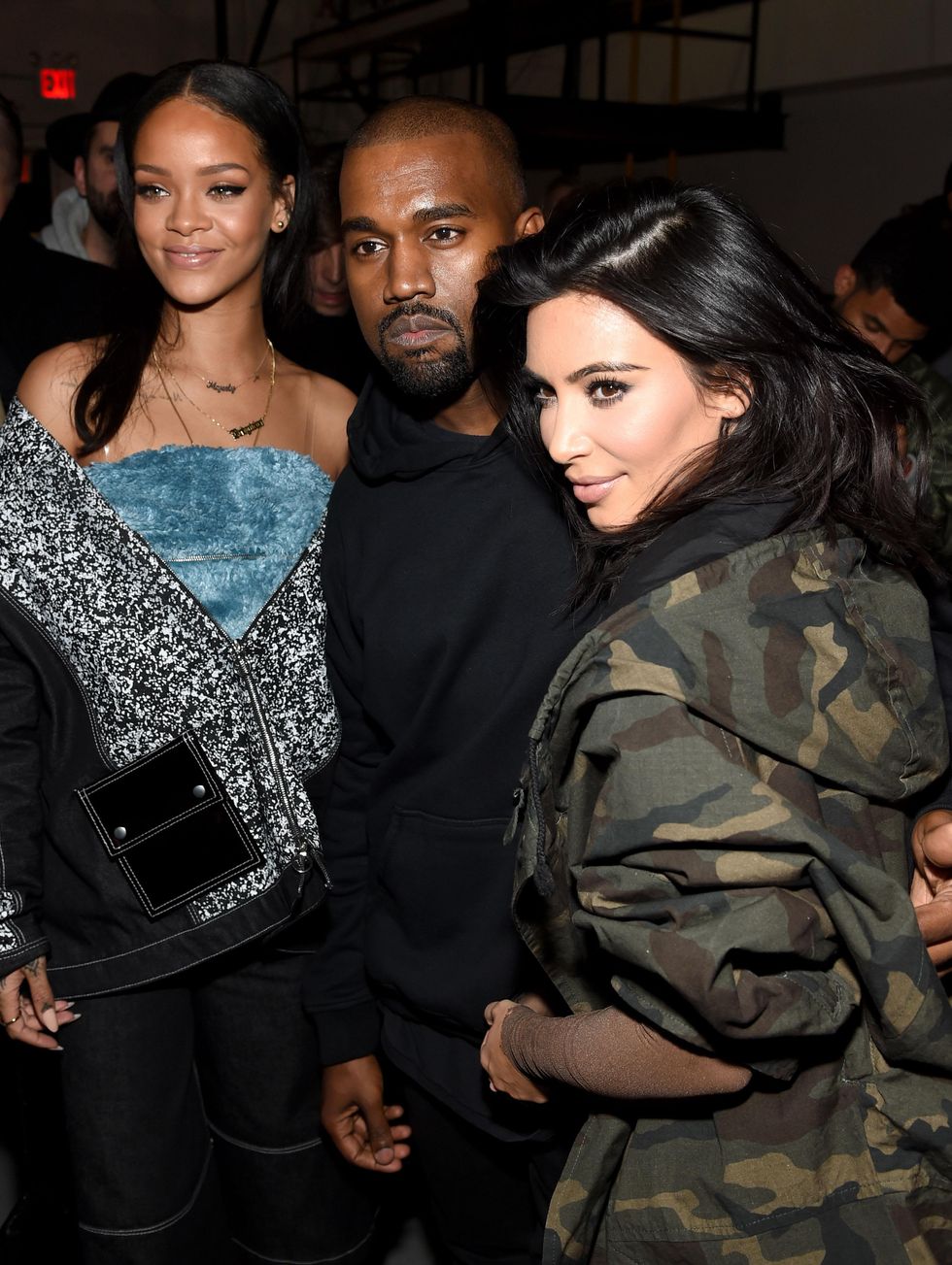 Rihanna, Kanye West and Kim Kardashian at the adidas Originals x Kanye West YEEZY SEASON 1 fashion show