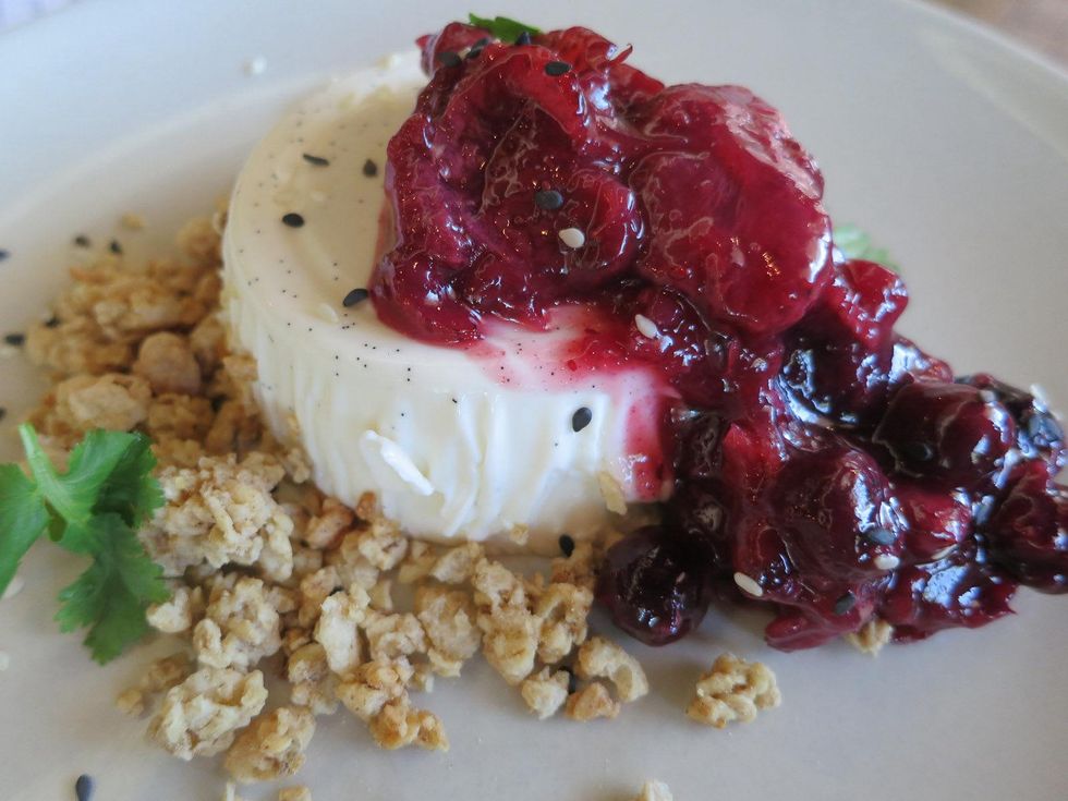 Roost Black sesame \u201ccheese cake\u201d, strawberry-celery compote, house granola