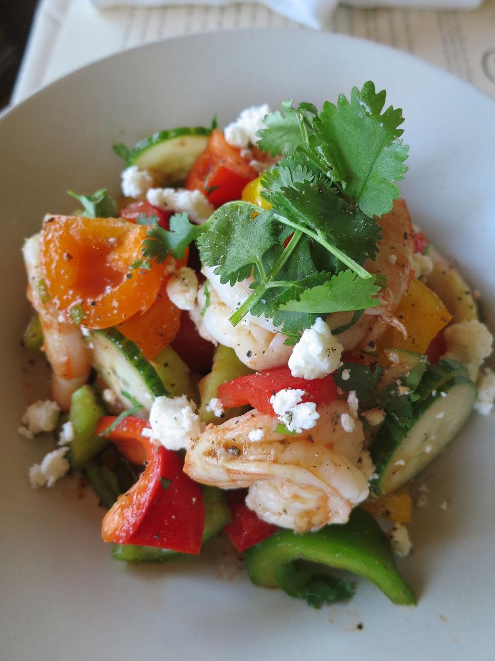 Roost GazPacho shrimp, marinated vegetables, olive oil, queso fresco