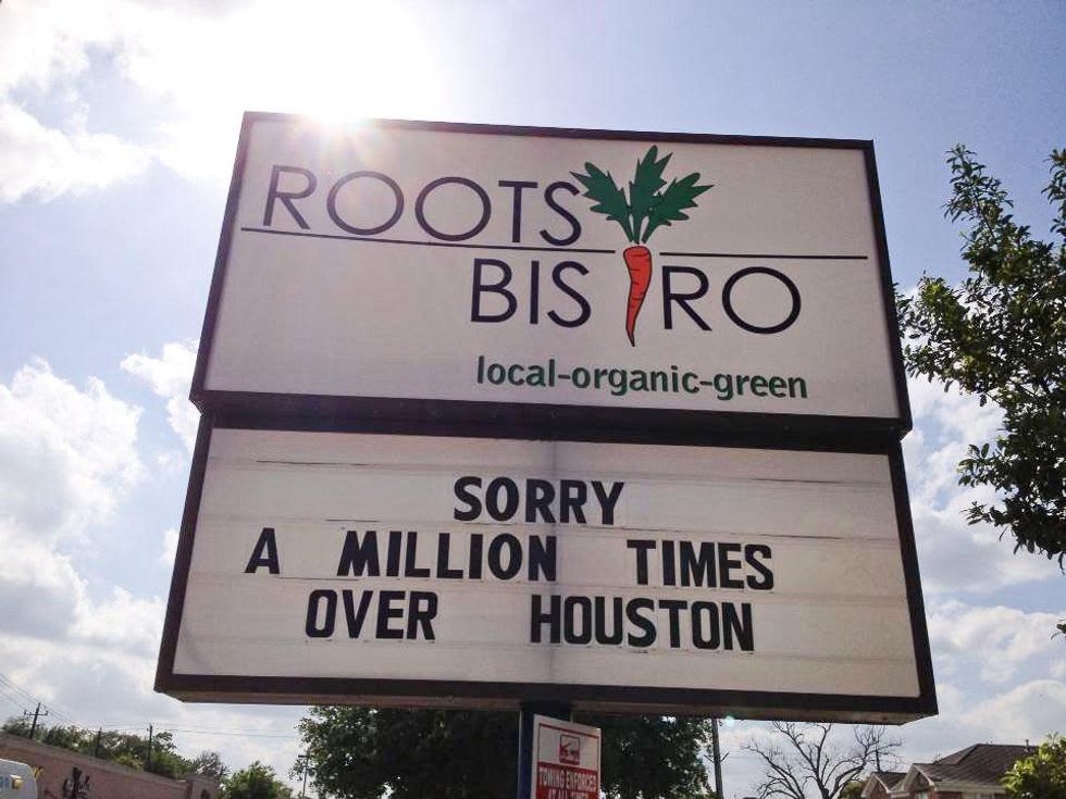 Roots Bistro sign Sorry a million times over Houston April 2013