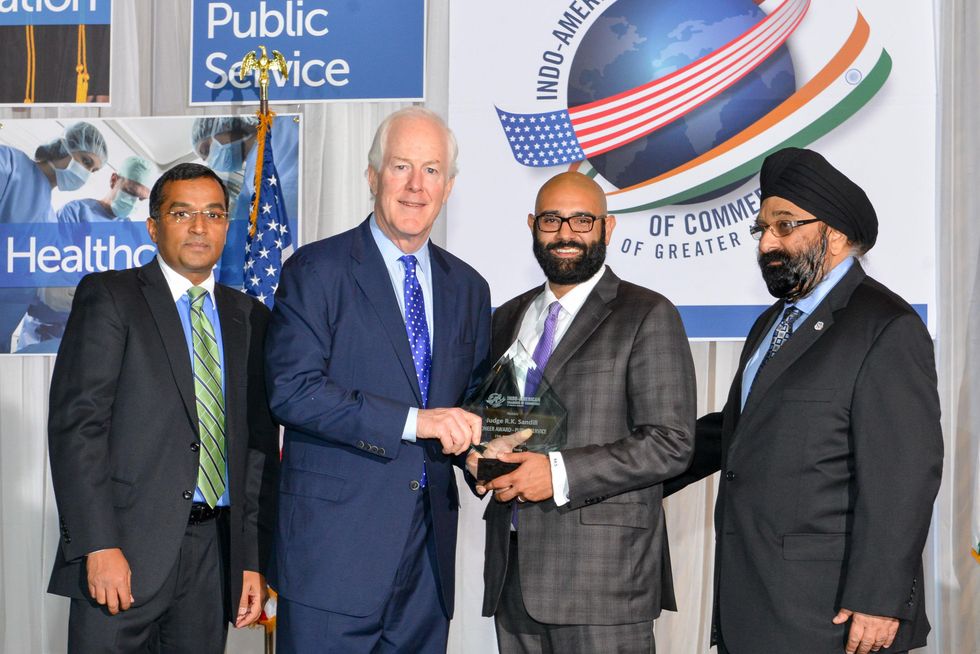 Sanjay Ramabhadran, from left, John Cornyn, R.K. Sandill and Jagdip Ahluwalia at the IACCGH Gala October 2014