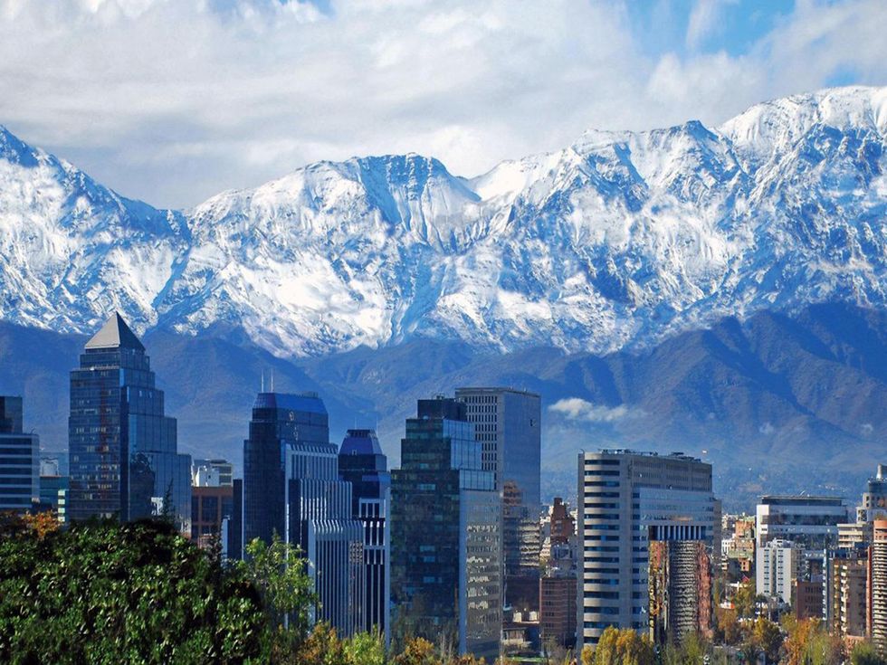 Santiago, Chili skyline with snow-covered mountains in background