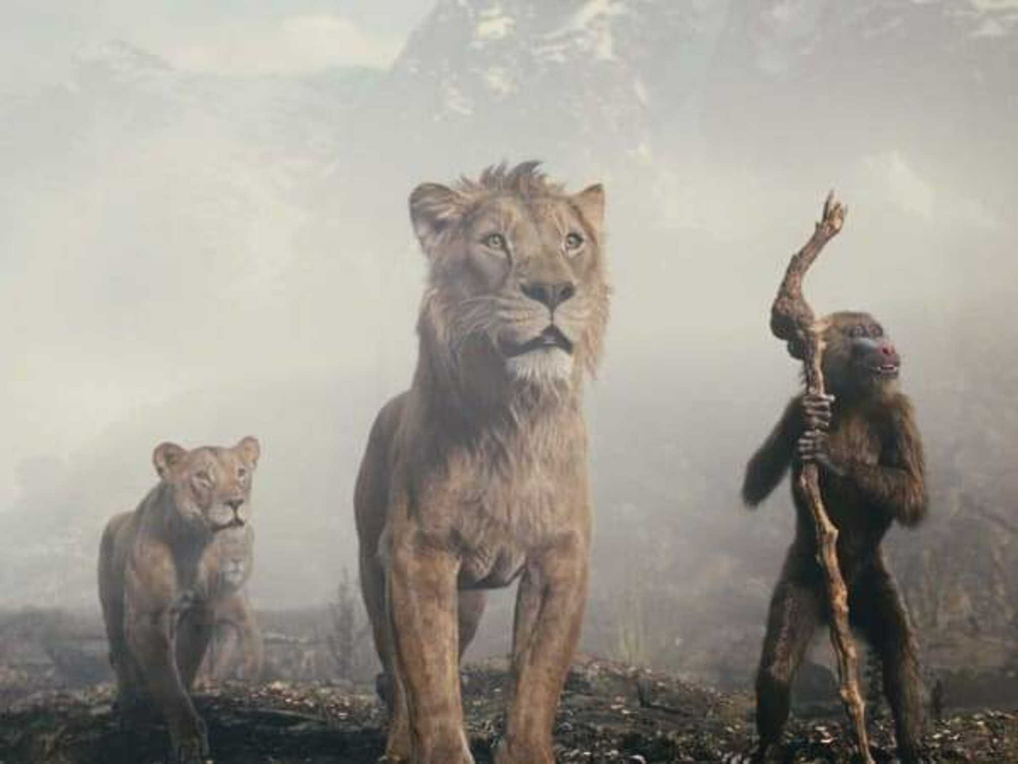 Sarabi, Mufasa, and Rafiki in Mufasa: The Lion King