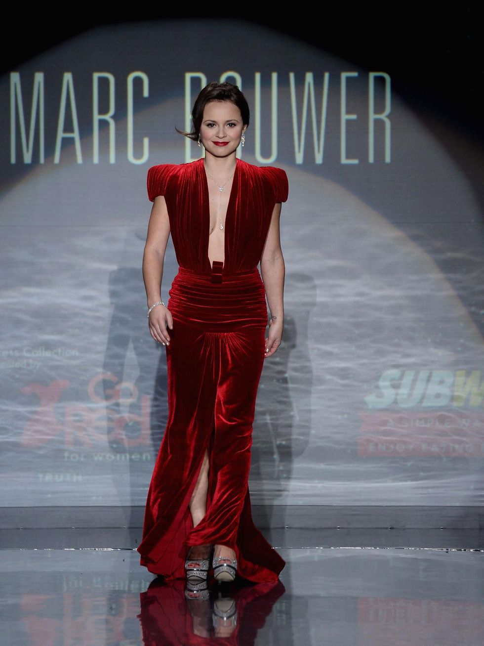 Sasha Cohen walks the runway wearing Marc Bouwer at Go Red For Women February 2014