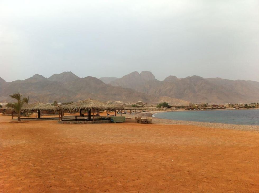Sea and mountain panorama as seen from Castle Beach Sinai Egypt