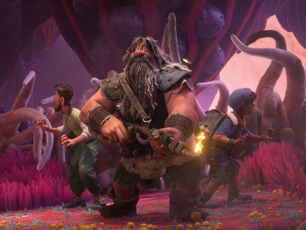 Searcher (Jake Gyllenhaal), Jaeger (Dennis Quaid), and Ethan Clade (Jaboukie Young-White) in Strange World