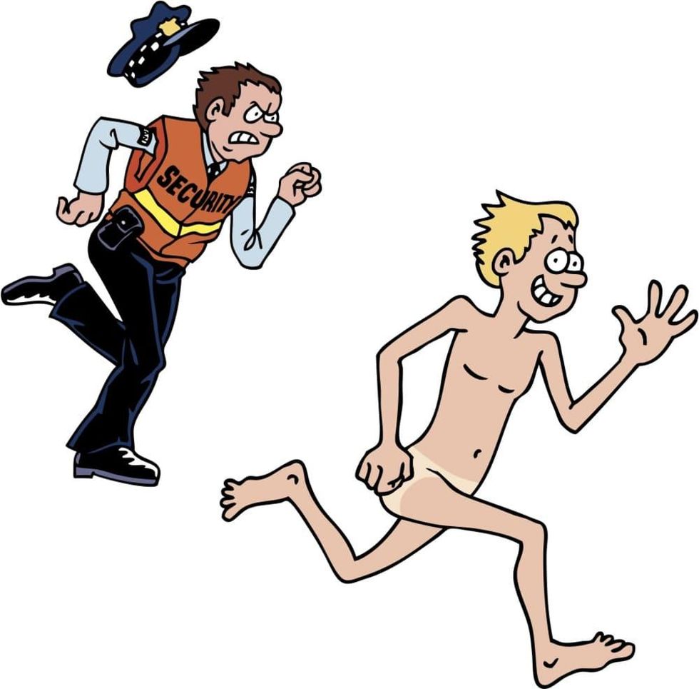 Security officer chasing naked man streaker