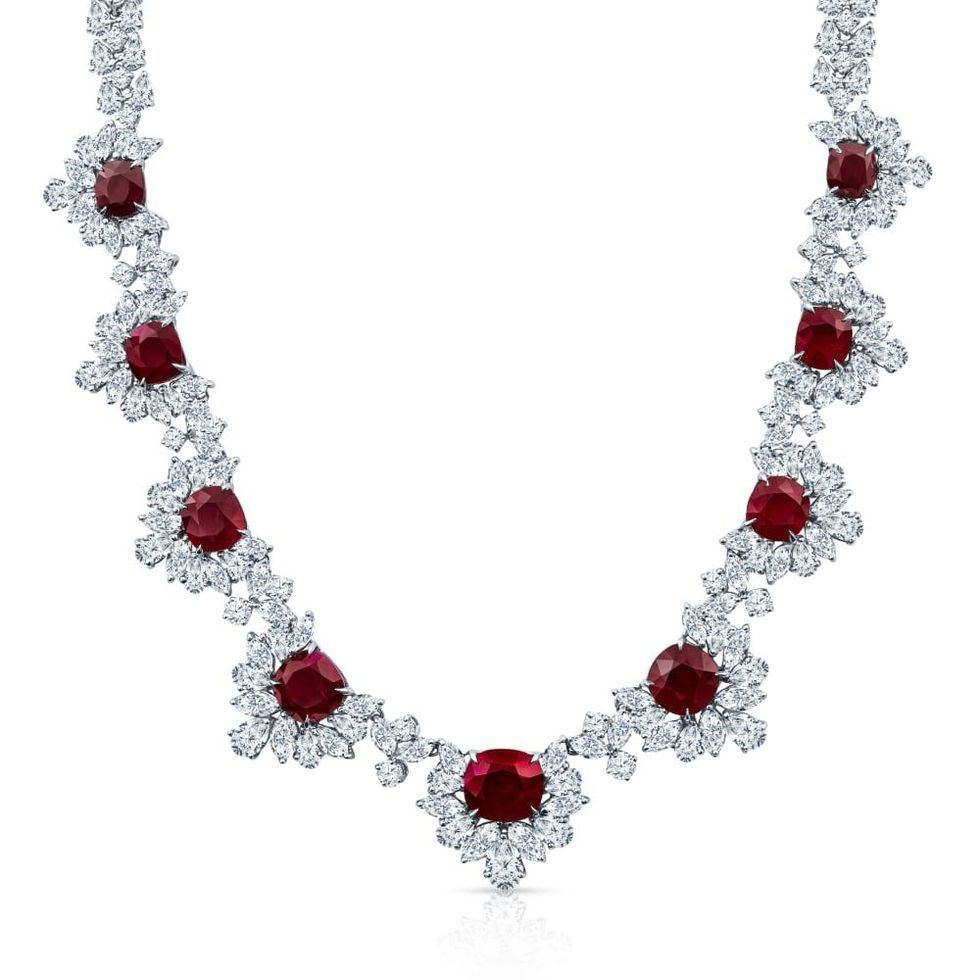 Shaftel Diamonds Burma ruby and diamond floral necklace