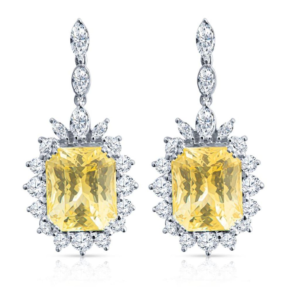 Shaftel Diamonds yellow octagonal diamond and sapphire dangle earrings