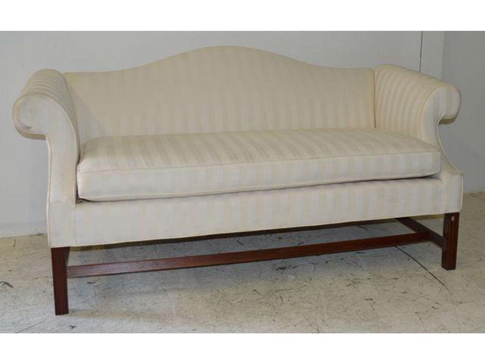 Sharon Bush auction white Chippendale-style sofa July 2014