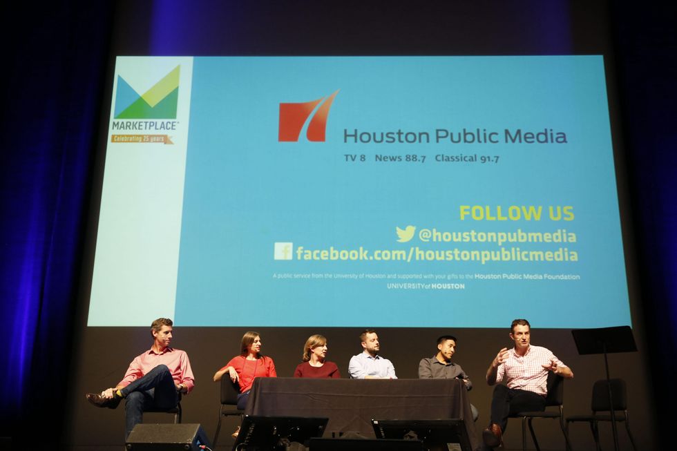 Show7 Kai Ryssdal, from left, Krissy Clark, Adriene Hill, Ben Johnson, Scott Tong and Paddy Hirsch at the Marketplace Show October 2014