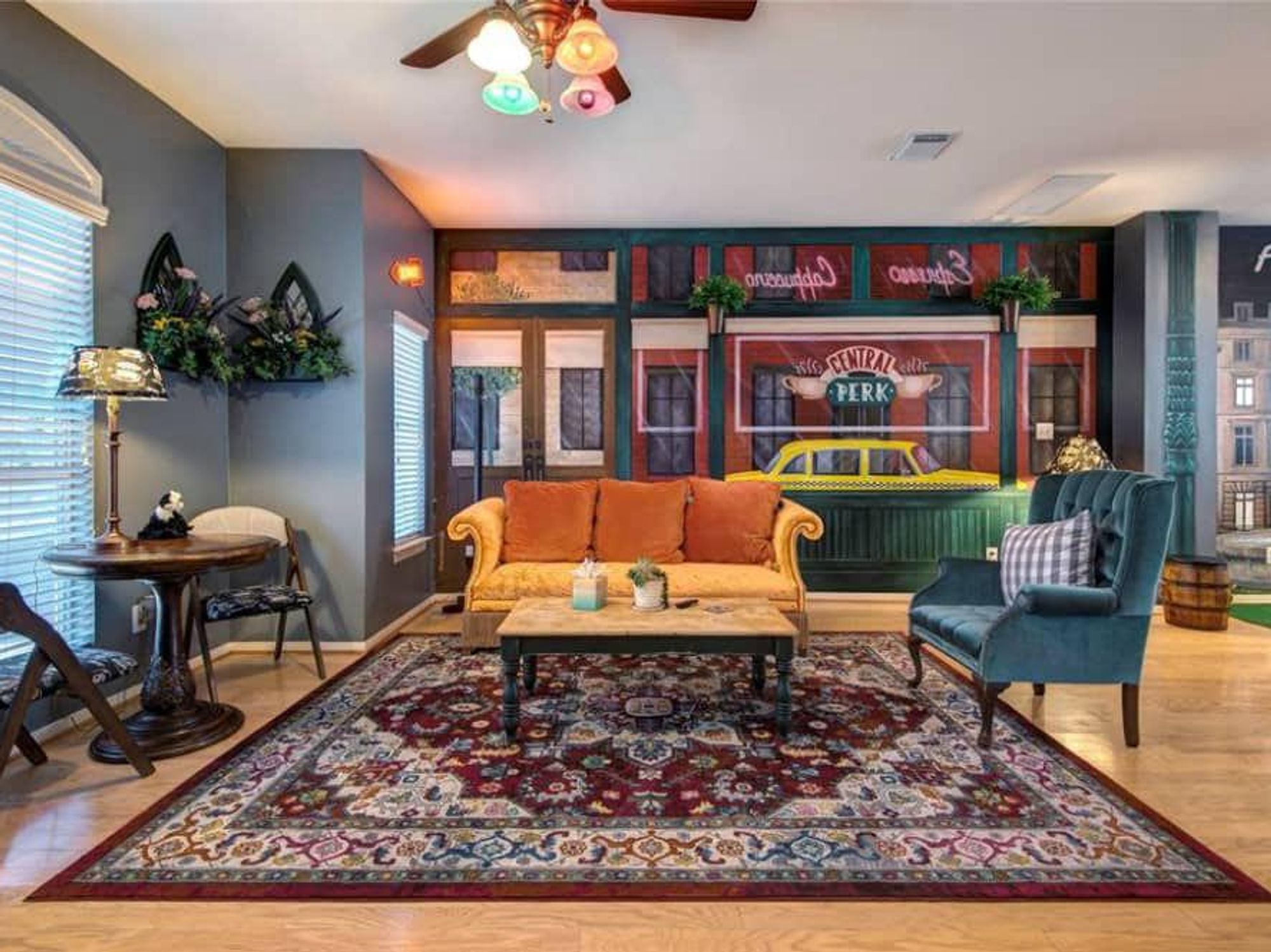 Sip lattes in this Central Perk-themed living room.