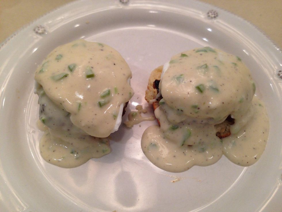 Siphon Coffee Houston eggs Benedict a la Cowboy biscuits, pan sausage, poached egg and secret jalape\u00f1o cream gravy