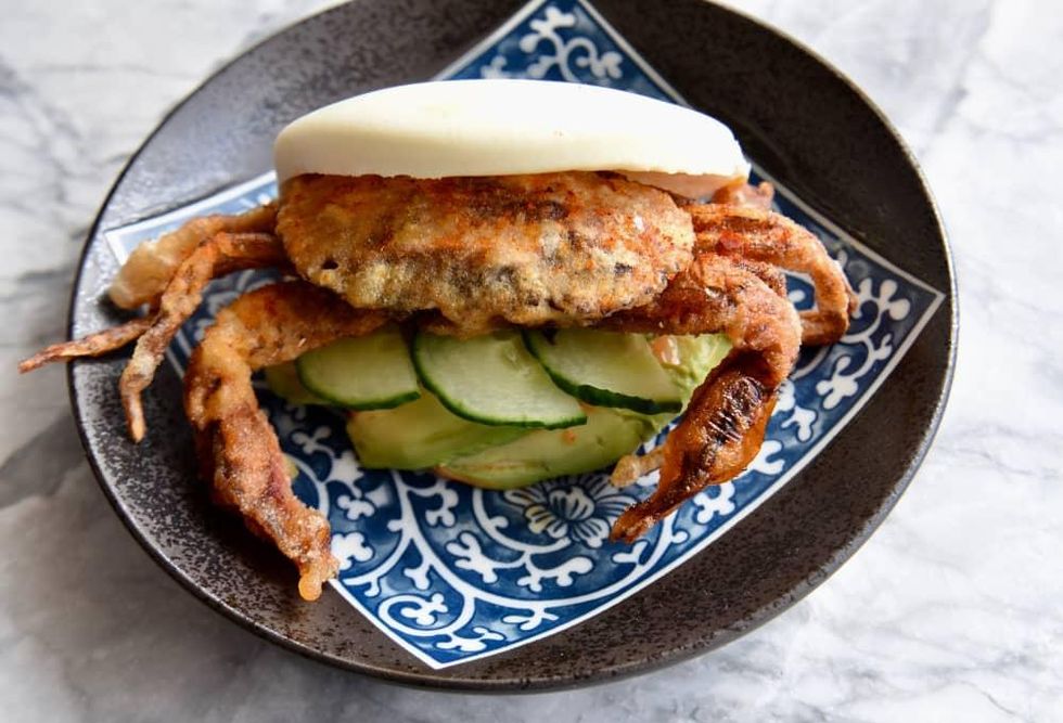 Soft shell crab bun Tobiuo sushi