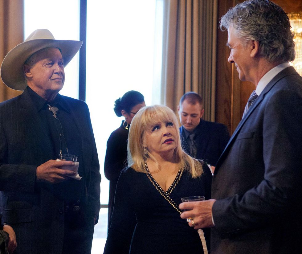 Steve Kanaly, Charlene Tilton and Patrick Duffy in the wake at Southfork for J.R. Ewing on TNT's Dallas