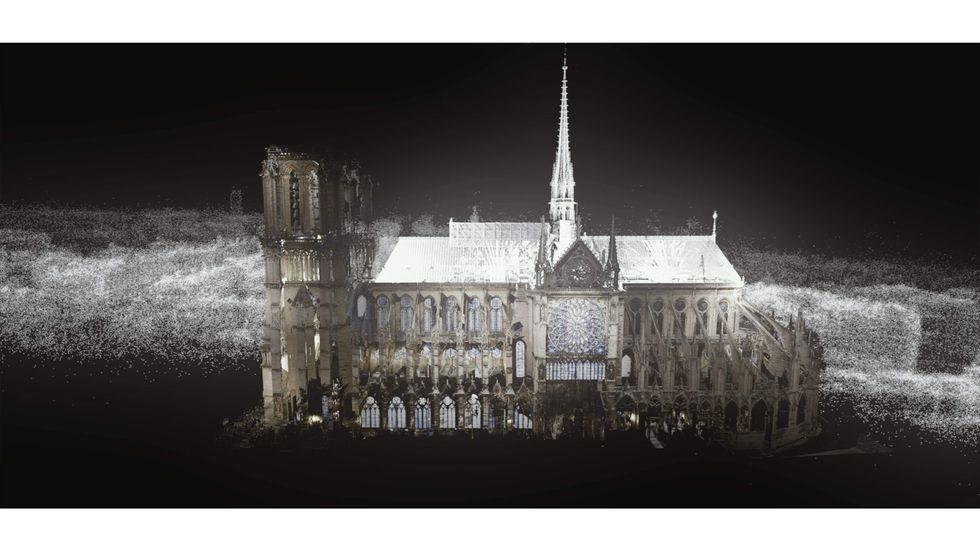 Still image of digital rendering of Notre- Dame Cathedral, Ars Electronica.