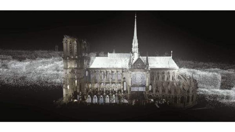 Still image of digital rendering of Notre- Dame Cathedral, Ars Electronica.