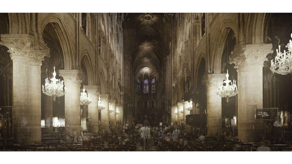Still image of digital rendering of Notre-Dame Cathedral interior, Ars Electronica.
