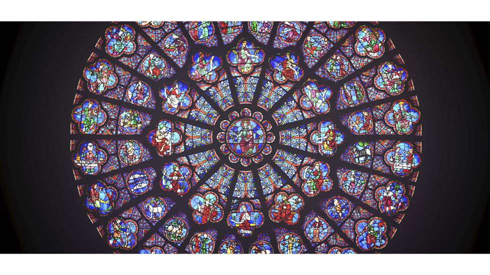Still image of digital rendering of Notre-Dame Cathedral Rose Window, Ars Electronica.