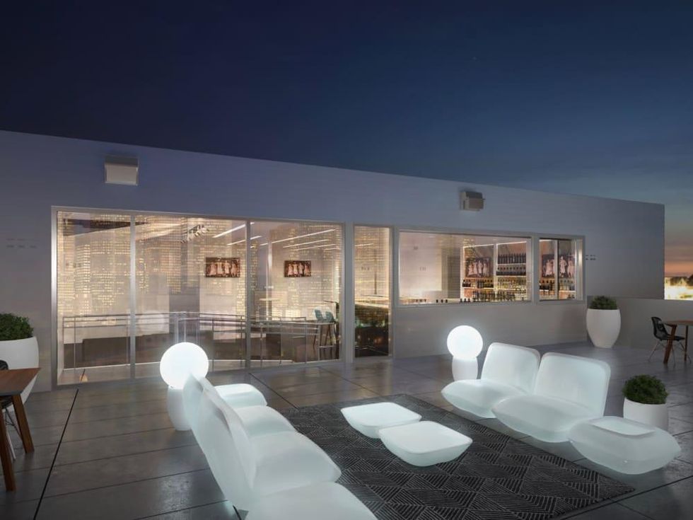 Sunset rooftop lounge exterior rendering