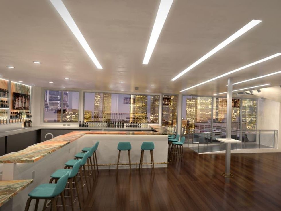 Sunset rooftop lounge interior rendering