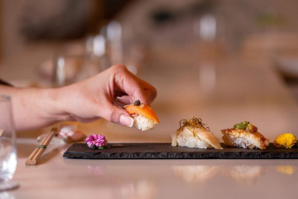 Sushi on a stone slab
