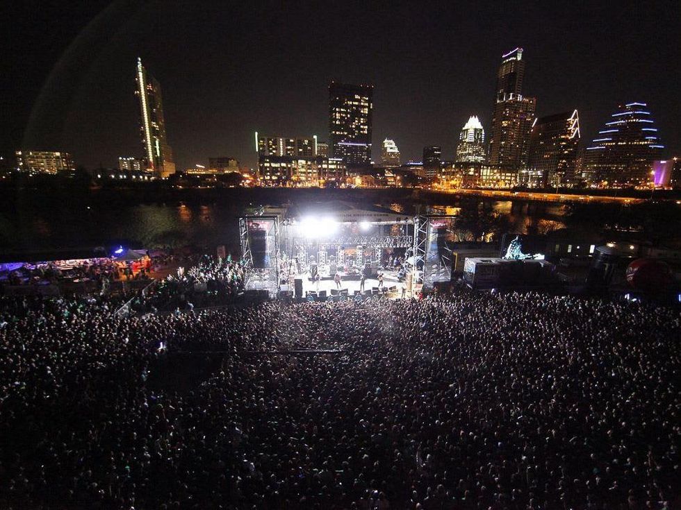 SXSW, crowd, band, stage, Austin skyline